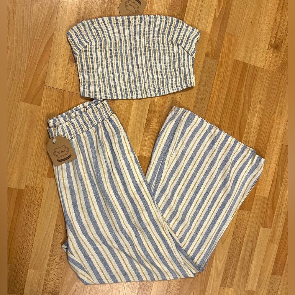 Kori Blue, White & Tan Striped Wide Leg Pants